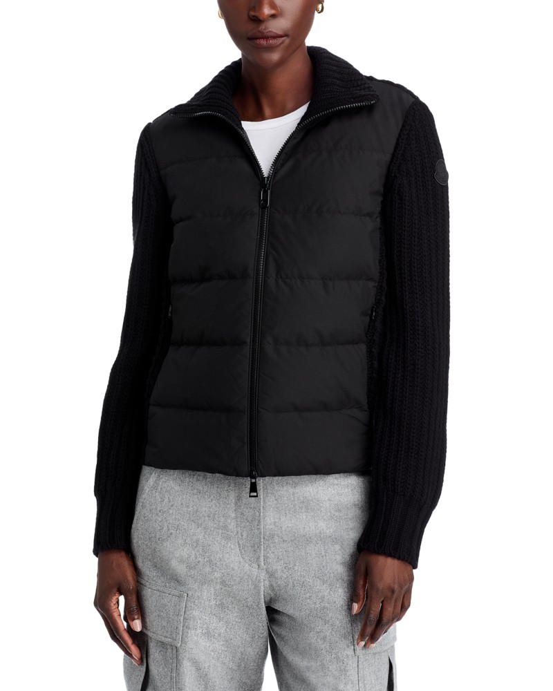 Moncler Mixed Media Wool & Cashmere Zip Up Cardigan in Black