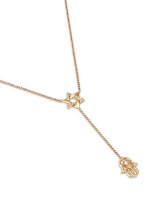Diamond Star of David & Hamsa Hand Lariat Necklace in 14K Yellow Gold, 0.15 tcw