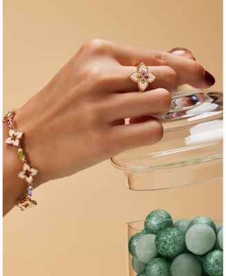 18K Yellow Gold Venetian Princess Carnival Multi Gemstone & Diamond Flower Link Bracelet