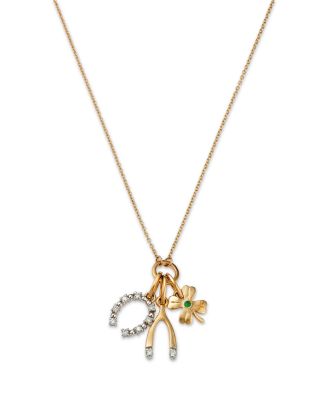 Emerald & Diamond Luck Motif Charm Pendant Necklace in 14K Yellow Gold, 18"
