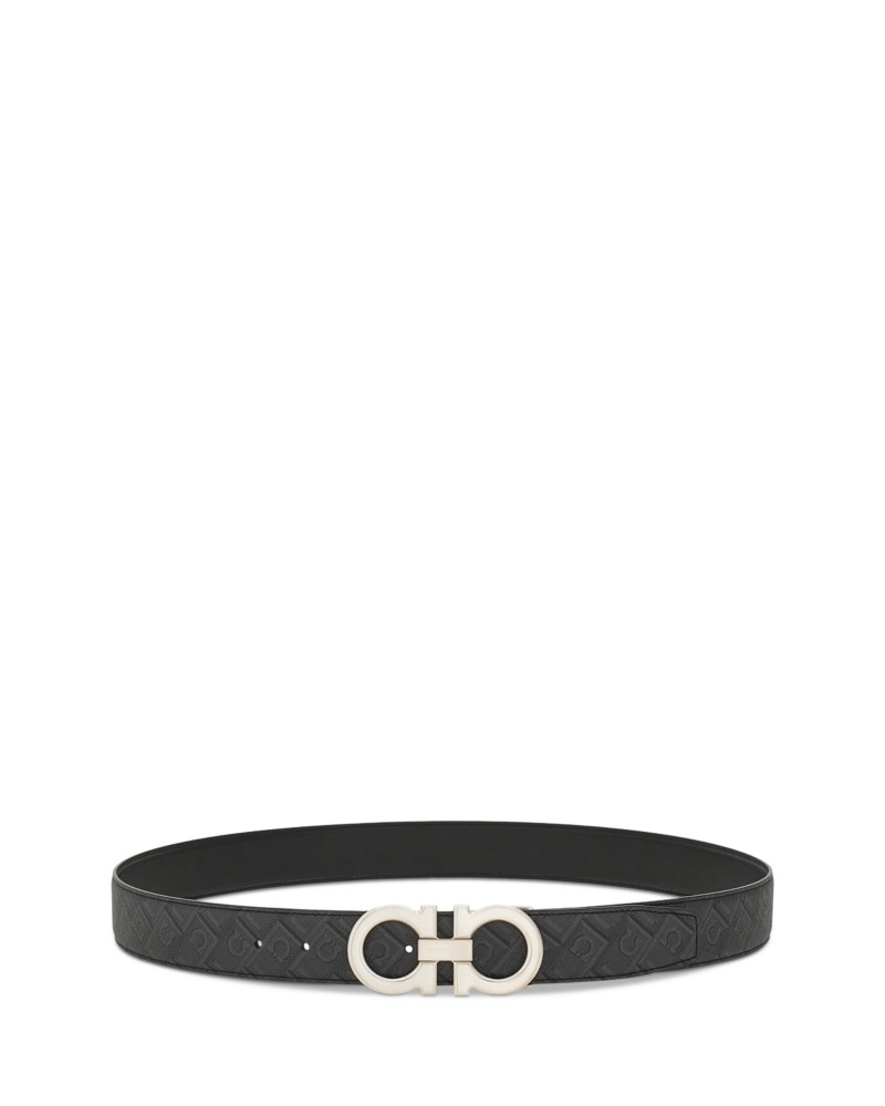 Ferragamo Men's Double Gancini Reversible Leather Belt in Nero-Grigio