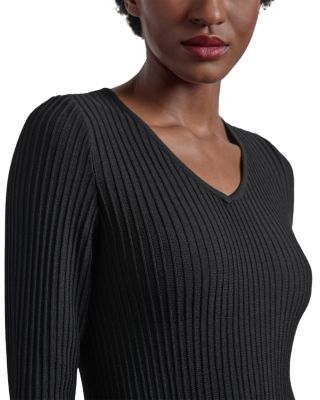 Long Sleeve V Neck Ribbed Midi Dress