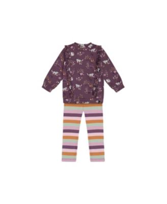 Deux par Deux - Girls' Tunic Mauve Printed Cats and Striped Leggings Set - Baby