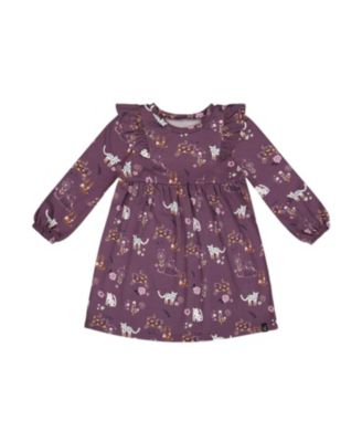 Deux par Deux Girls' Dress with Frills Mauve Printed Cats - Little Kid, Big Kid