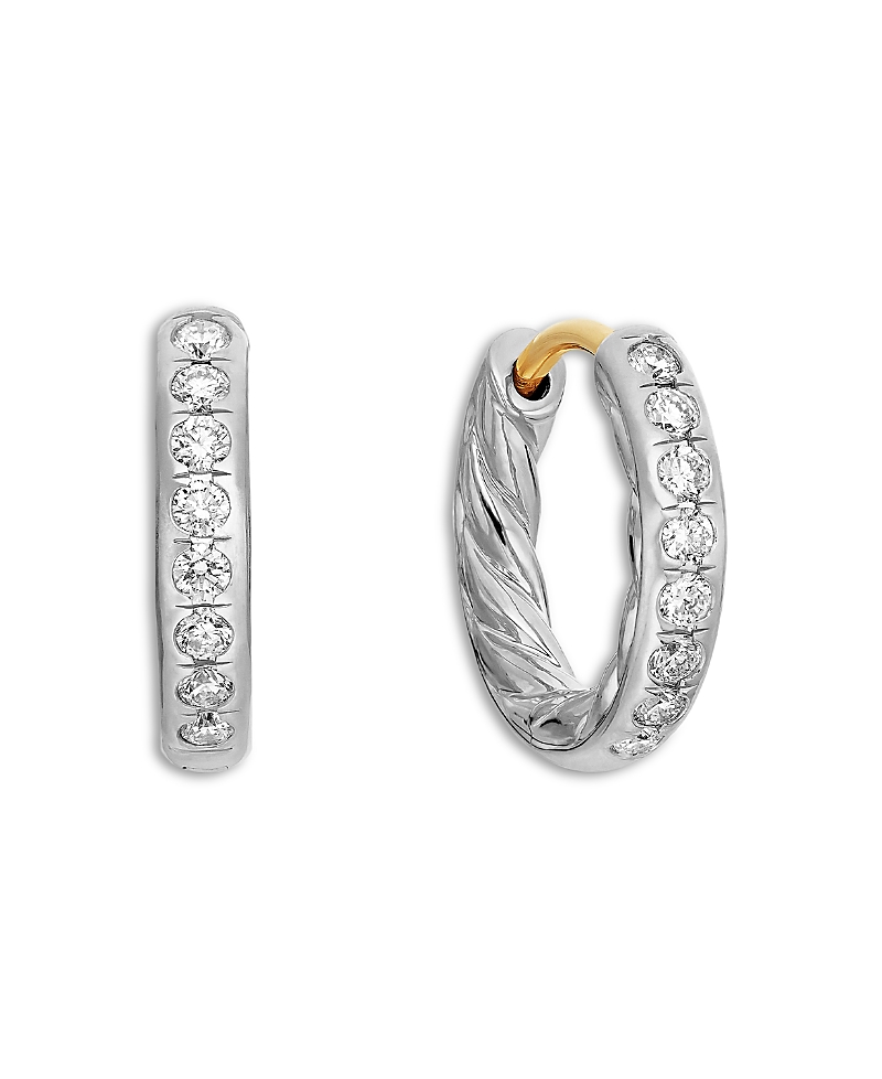 David Yurman Sculpted Cable Huggie Hoop Earrings in Sterling Silver with Diamonds