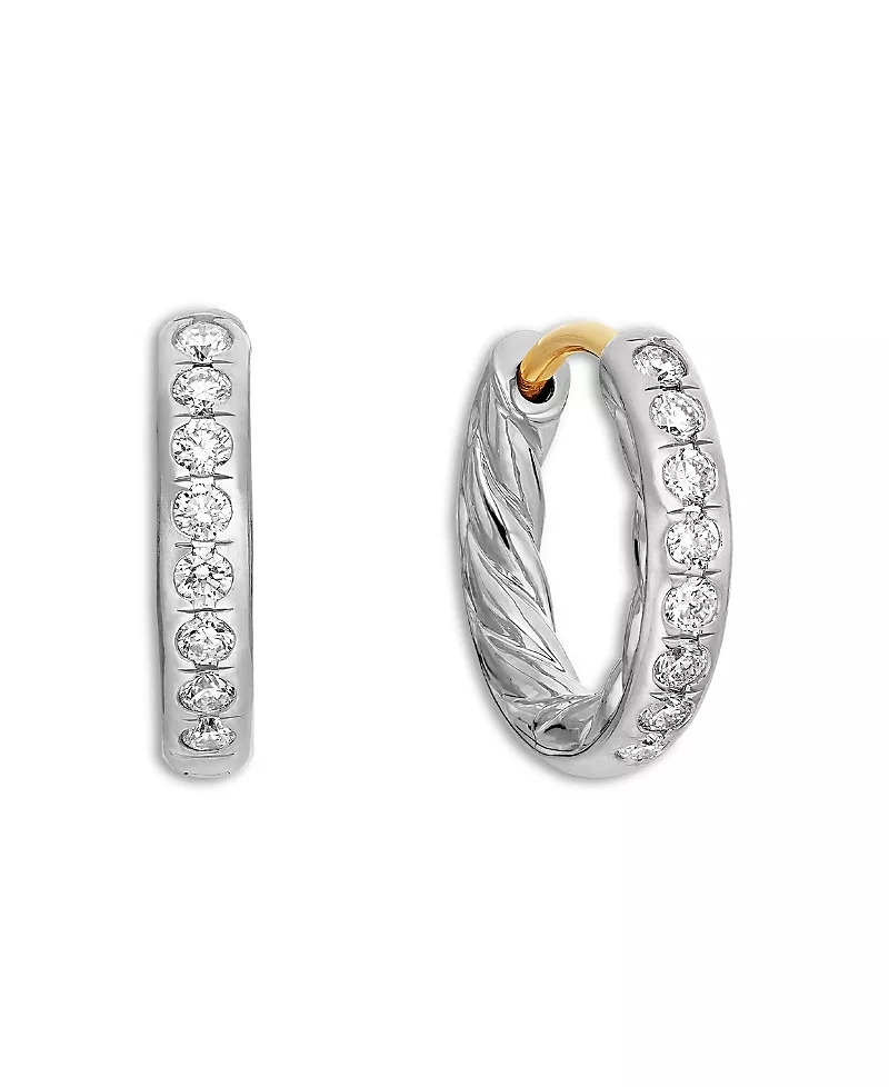David Yurman Sculpted Cable Huggie Hoop Earrings in Sterling Silver with Diamonds