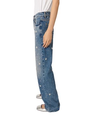 Embellished High Rise Wide Leg Jeans in Blue