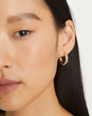 Miller Double T & Pav&eacute; Studded Small Hoop Earrings in Gold Tone Stainless Steel