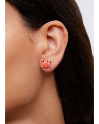 9K Yellow Gold Paire de Puces Crabe Coquillage Corail Coral & Multicolor Diamond Crab Stud Earrings