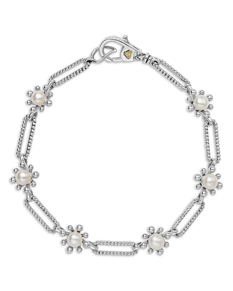 Lagos Sterling Silver Luna Cultured Pearl Fleur Link Bracelet In Silver