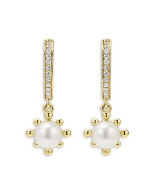 18K Yellow Gold Luna Cultured Pearl Fleur Charm Diamond Hoop Earrings