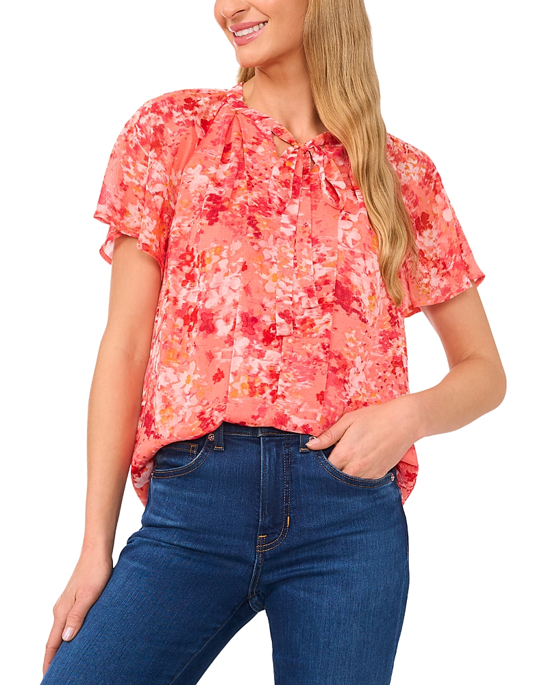 Cece Women's Printed Flutter-sleeve Pleated Bow Blouse In Deep Sea Coral