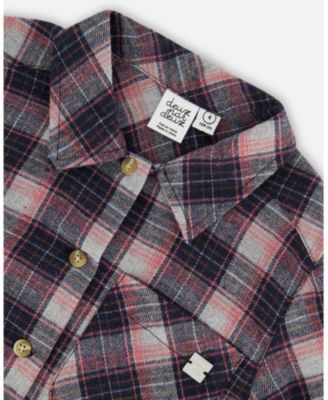  Long Sleeve Button Front Tunic Flannel Shirt Plaid Navy And Pink - Big Kid