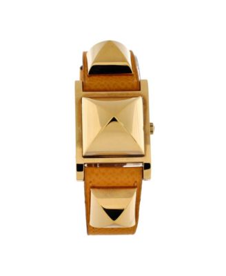Pre-Owned Hermes Medor Quartz Watch in Plated Metal and Leather 23mm