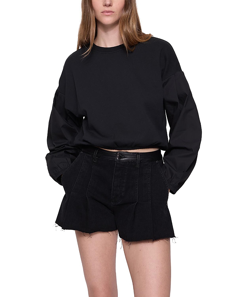 Rebecca Minkoff Julia Mixed Media Crop Cotton Blend Sweatshirt In True Black