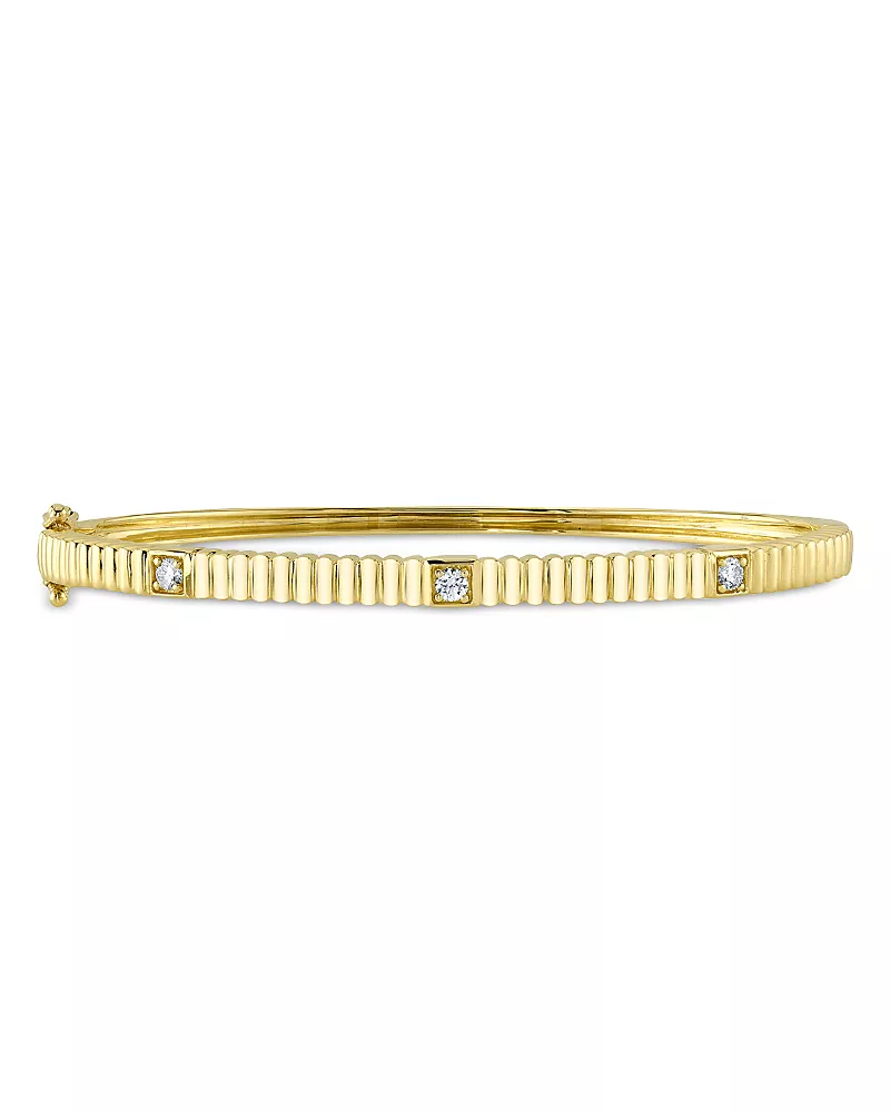 Shy Creation 14K Gold Kate Diamond Ridged Bangle Bracelet