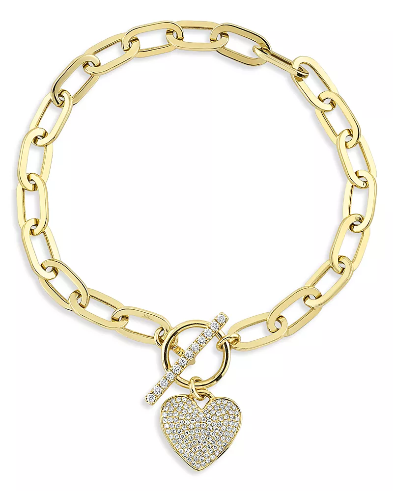 Shy Creation 14K Gold Colette Diamond Heart Charm Paperclip Link Bracelet