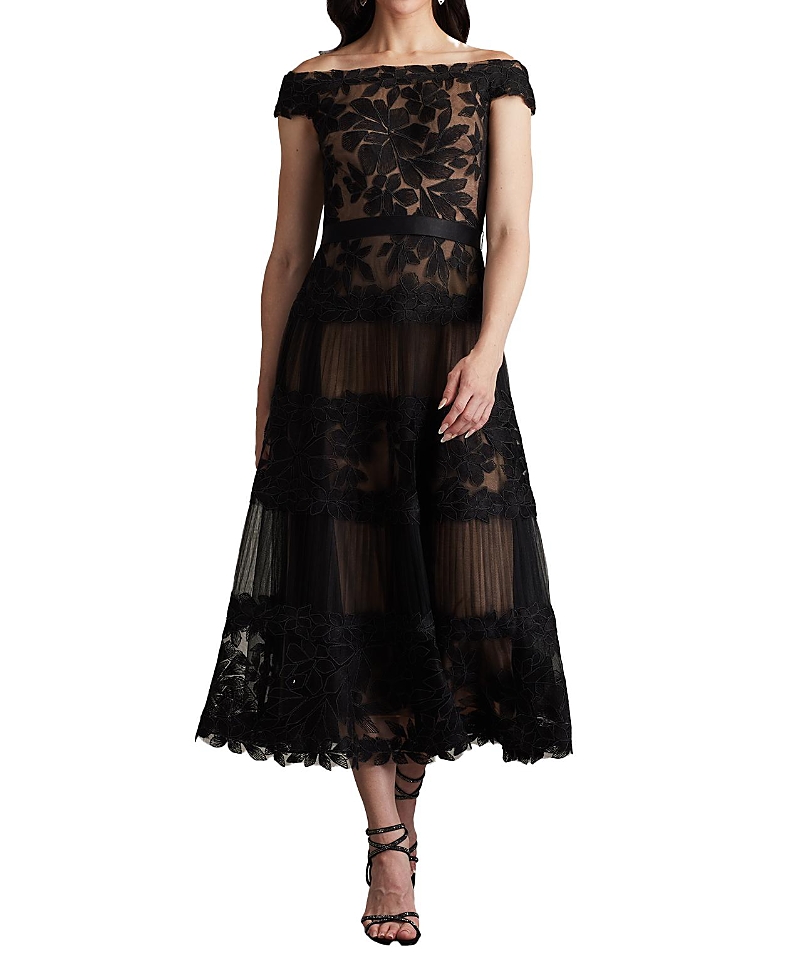 Tadashi Shoji Geometric Floral Embroidered Tulle A-line Dress In Black/ Nude