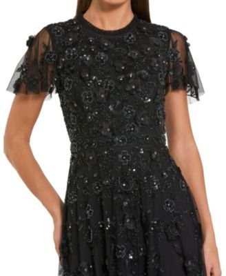 Embellished High Neck Floral Applique with Beaded Detail A Line Dress