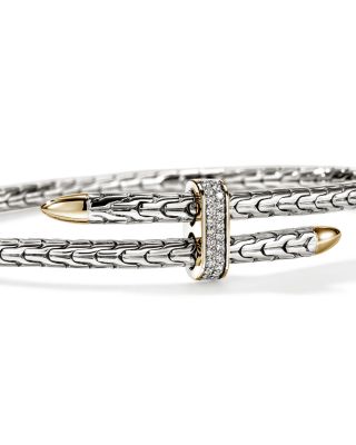 14K Yellow Gold & Sterling Silver Spear Diamond Flex Bypass Cuff Bracelet