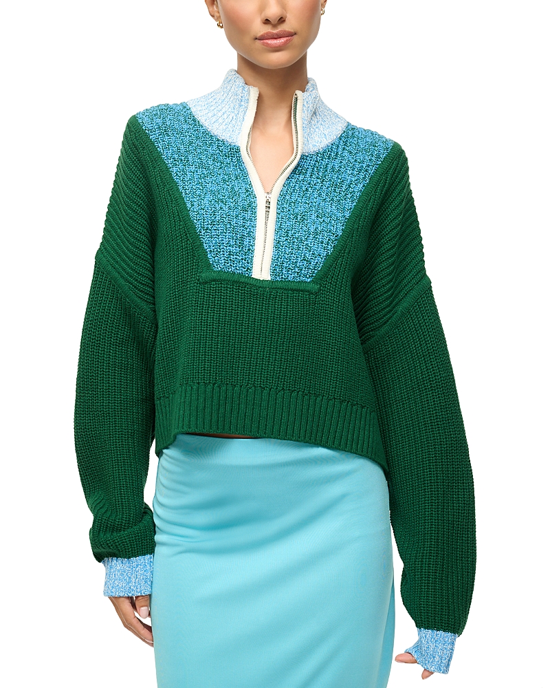 Staud Cropped Hampton Sweater In Jungle Sky Ivory In Green