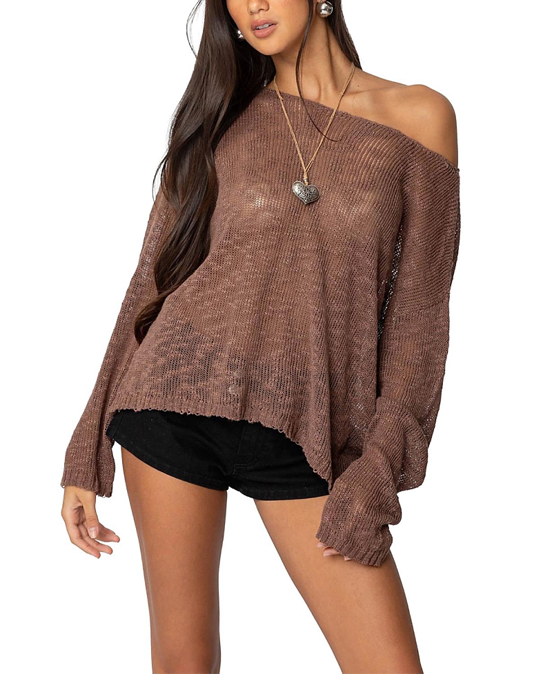 Edikted Bri One-shoulder Open Stitch Sweater In Brown