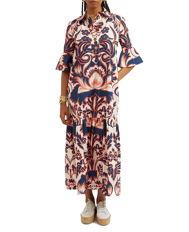 La Doublej Artemis Floral Patterned Maxi Shirtdress In Va-va Placee White
