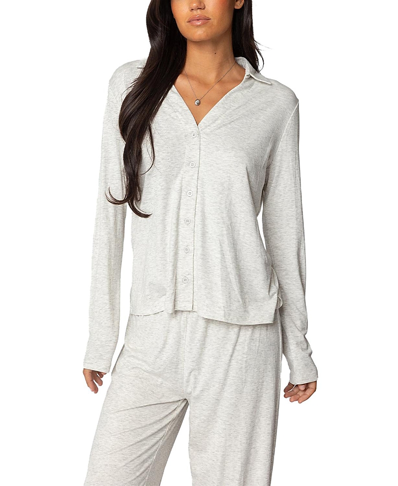 Edikted Justina Lounge Button-up Top In Gray Melange
