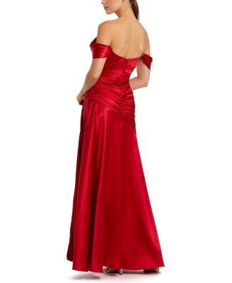 Hard Satin Off the Shoulder Crossover Gown