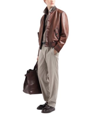 Regular Fit Button Front Leather Bomber Jacket