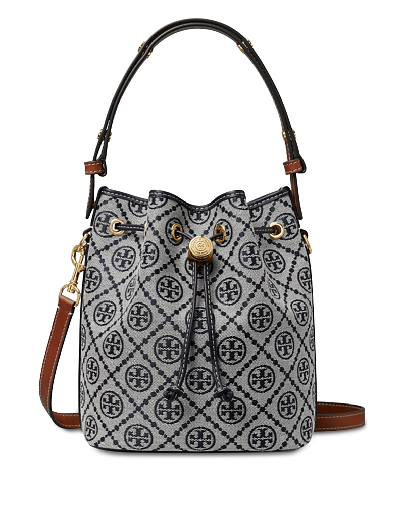 Tory Burch Mini T Monogram Jacquard Bucket Bag In Navy