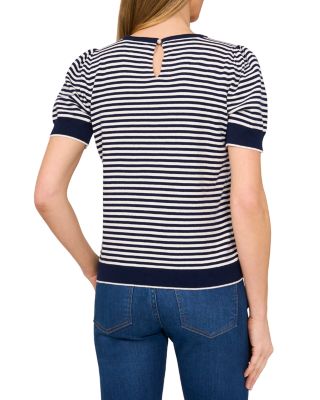 Tipped Puff Short Sleeve Striped Sweater