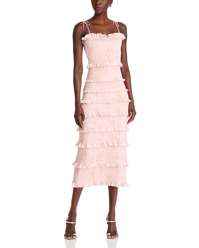 V. Chapman Lily Smocked Floral Print Ruffle Trim Midi Dress