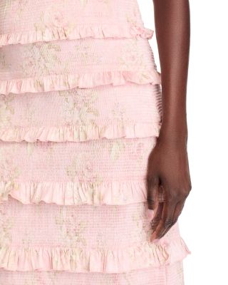 Lily Smocked Floral Print Ruffle Trim Midi Dress