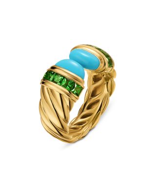 Sculpted Cable Open Cocktail Ring in 18K Yellow Gold with Turquoise and Tsavorites, 12.4mm
