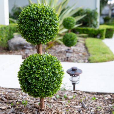 3&#39; UV Resistant Artificial Double Ball Boxwood Topiary with Integrated Ground Stake (Indoor/Outdoor), Set of 2