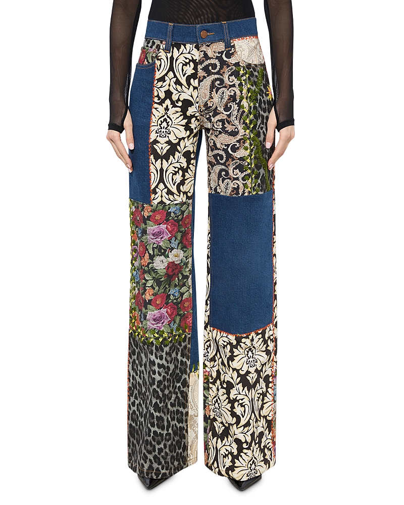 Alice and Olivia Weezy Mixed Media High Rise Wide Leg Jeans in Denim Multi