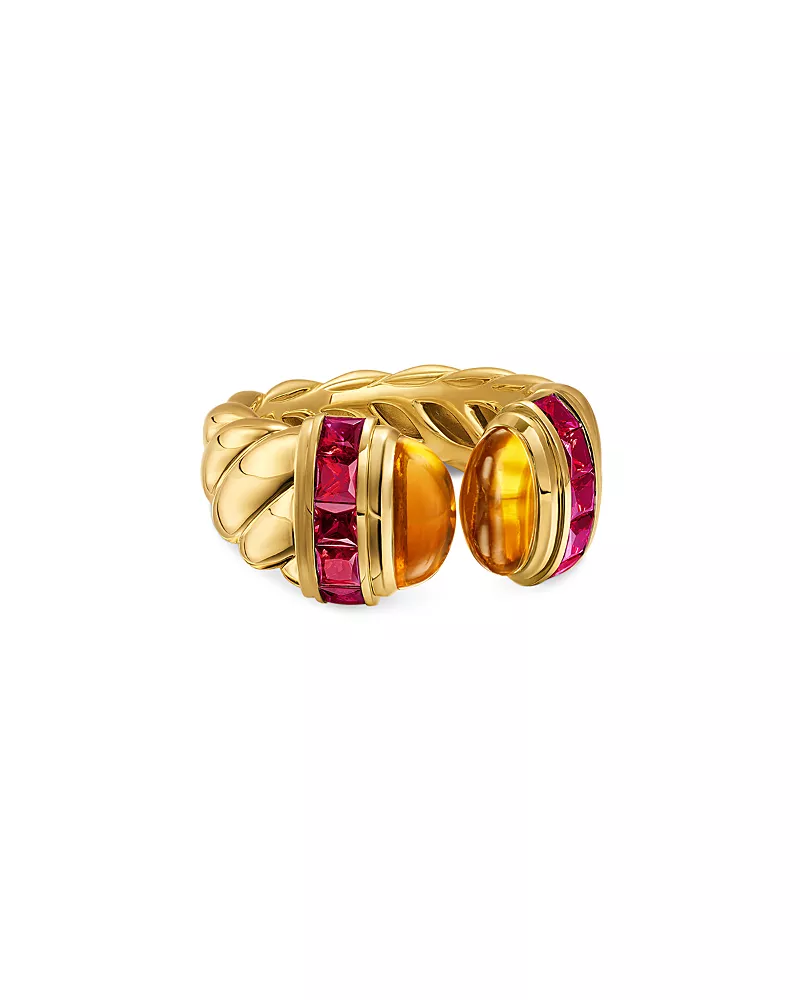 Sculpted Cable Open Cocktail Ring in 18K Yellow Gold with Madeira Citrine and Rubellites, 12.4mm