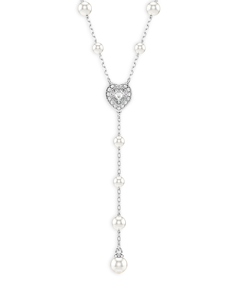 Swarovski Ariana Grande Imitation Pearl & Crystal Heart Y Necklace, 14.875-18.875 In Silver