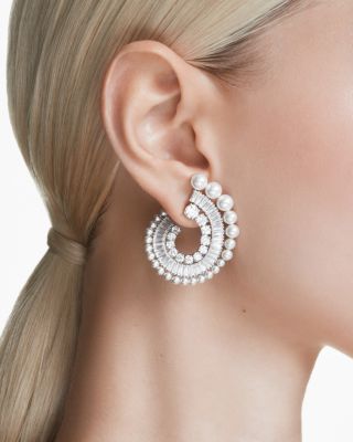 Ariana Grande Imitation Pearl & Crystal Baguette Spiral Hoop Earrings