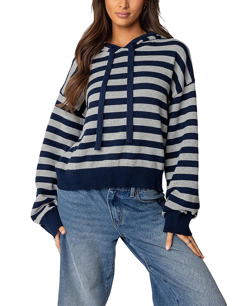 Shop Edikted Striped Hooded Knit Sweater In Navy