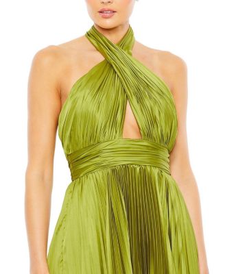 Pleated Halter Neck Asymmetrical Hem Gown