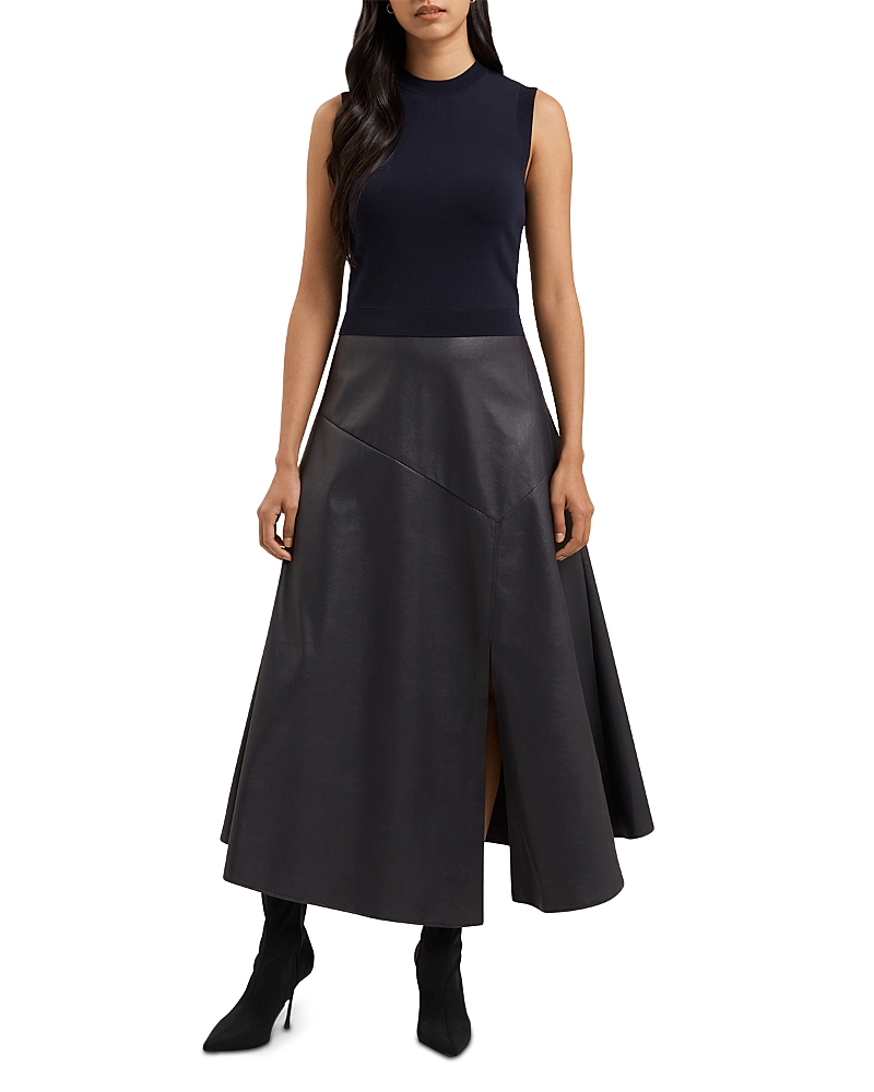 Ted Baker Mixed Media Faux Leather Skirt Midi Dress In Navy | ModeSens Ted Baker Mixed Media Faux Leather Skirt Midi Dress In Navy | ModeSens