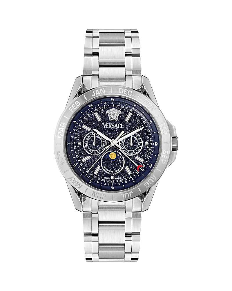 Versace V-galaxy Moonphase Watch, 43mm In Blue/silver
