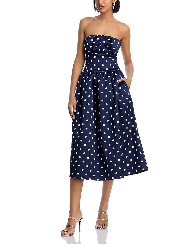 Self-portrait Polka Dot Satin Midi Dress In Navy In Blue