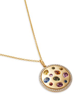 Rainbow Sapphire & Diamond Disc Pendant Necklace in 14K Yellow Gold, 18"