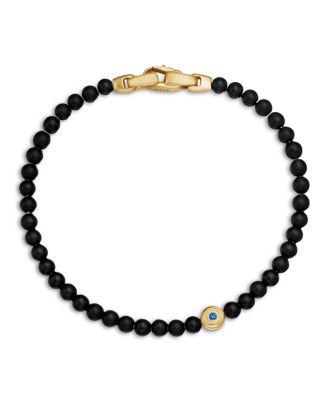 Men's Spiritual Beads Evil Eye Bracelet with Black Onyx, Sapphire and 18K Yellow Gold, 4mm