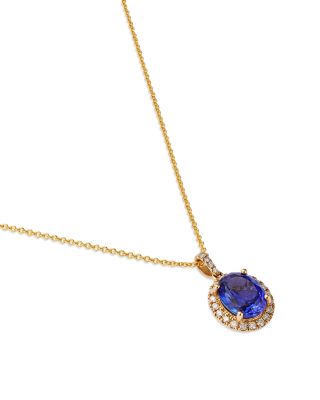 Tanzanite & Diamond Oval Halo Pendant Necklace in 14K Yellow Gold, 18"