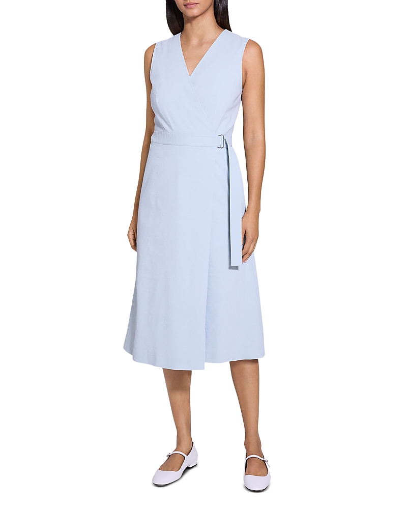 Theory A-line Crunch Linen Wrap Dress In Pearl Blue