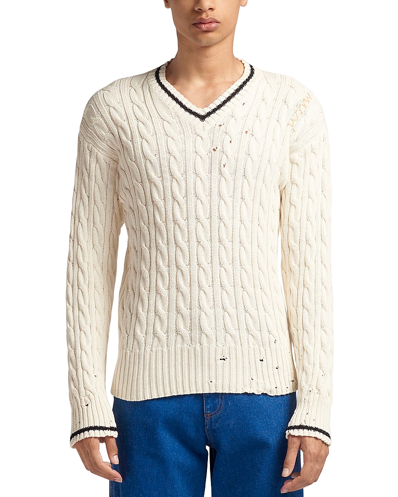 Shop Marni Distressed Cable Knit V Neck Sweater In White